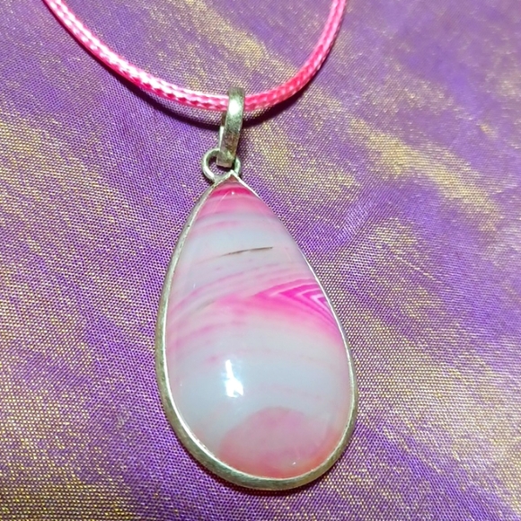 Pink botswana lace agate pendant necklace handmade silver stripe swirl gemstone - Picture 3 of 5